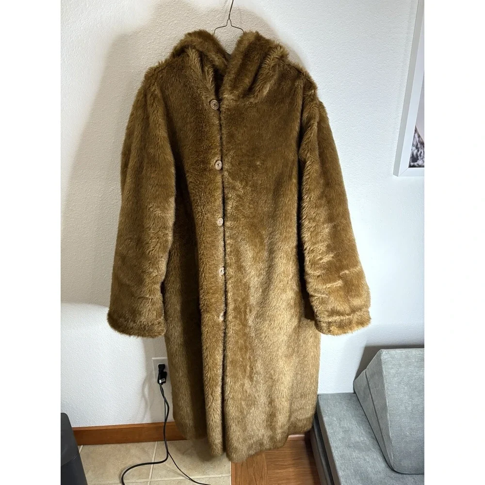 Roaman's Women's Full Length Faux-Fur‎ Coat With Hood Brown Xl Reversible